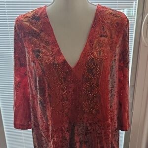 ONE WORLD Orange Red Graphic 3/4 Sleeve Blouse